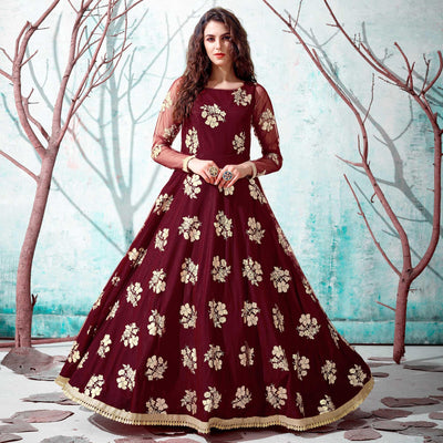 Maroon Foil Printed Netted Gown