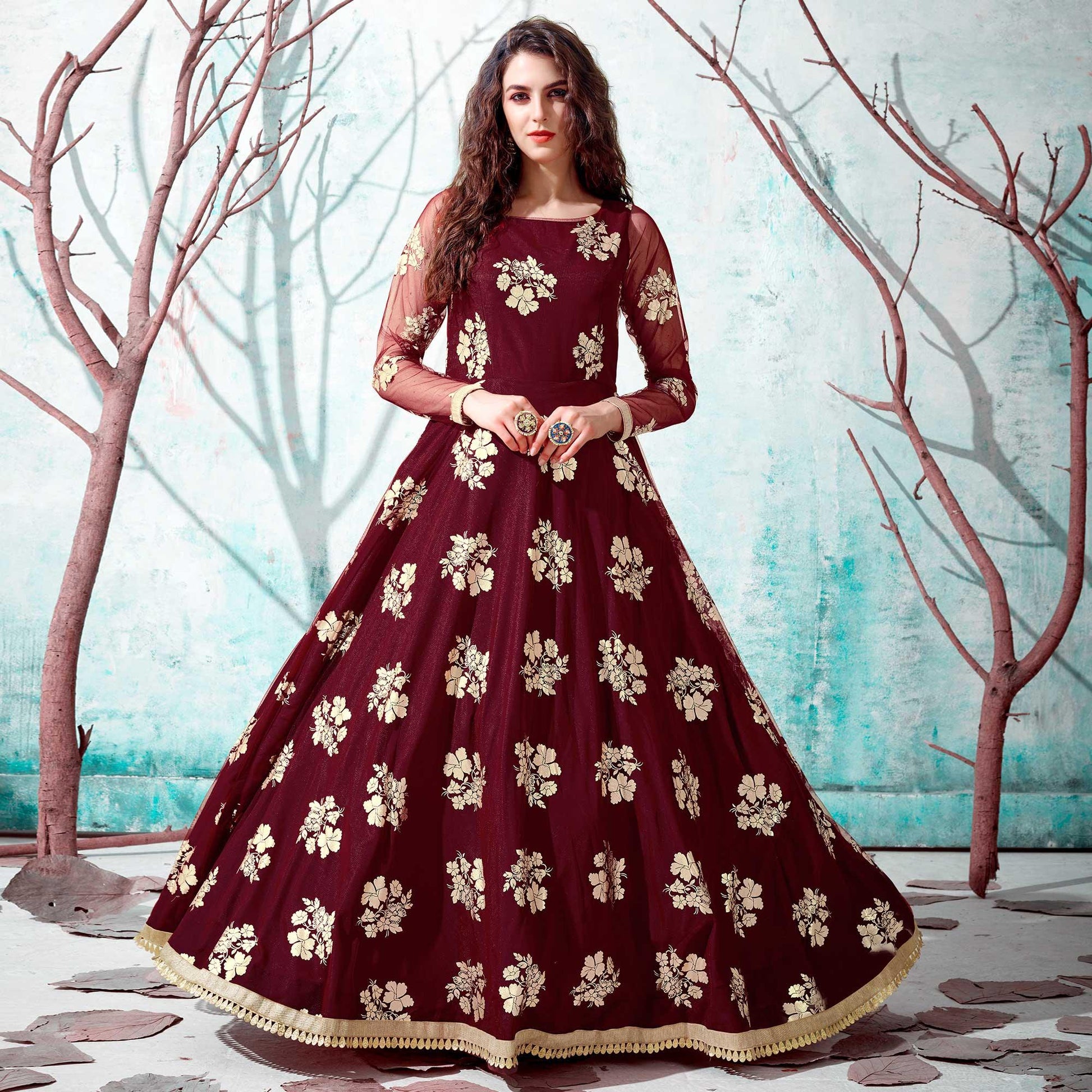 Maroon Foil Printed Netted Gown
