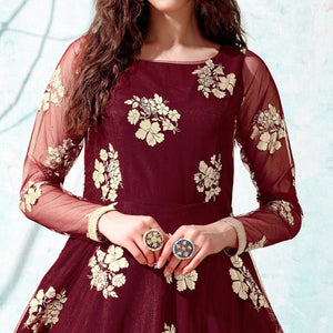 Maroon Foil Printed Netted Gown