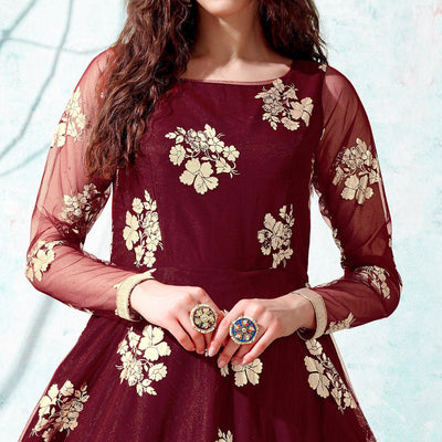 Maroon Foil Printed Netted Gown