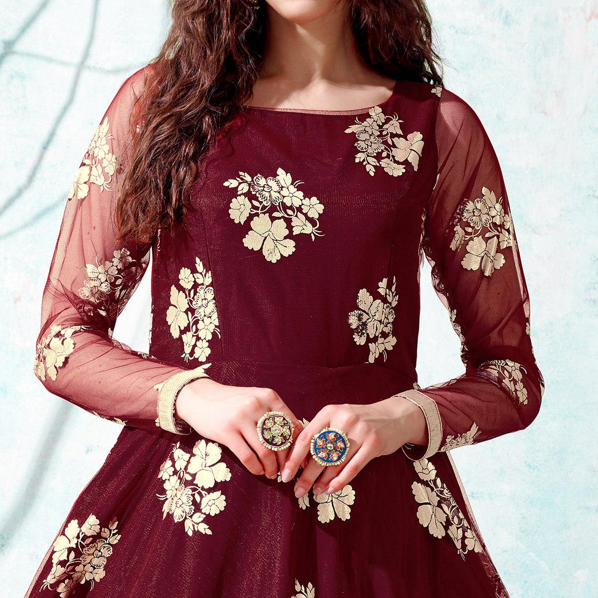 Maroon Foil Printed Netted Gown