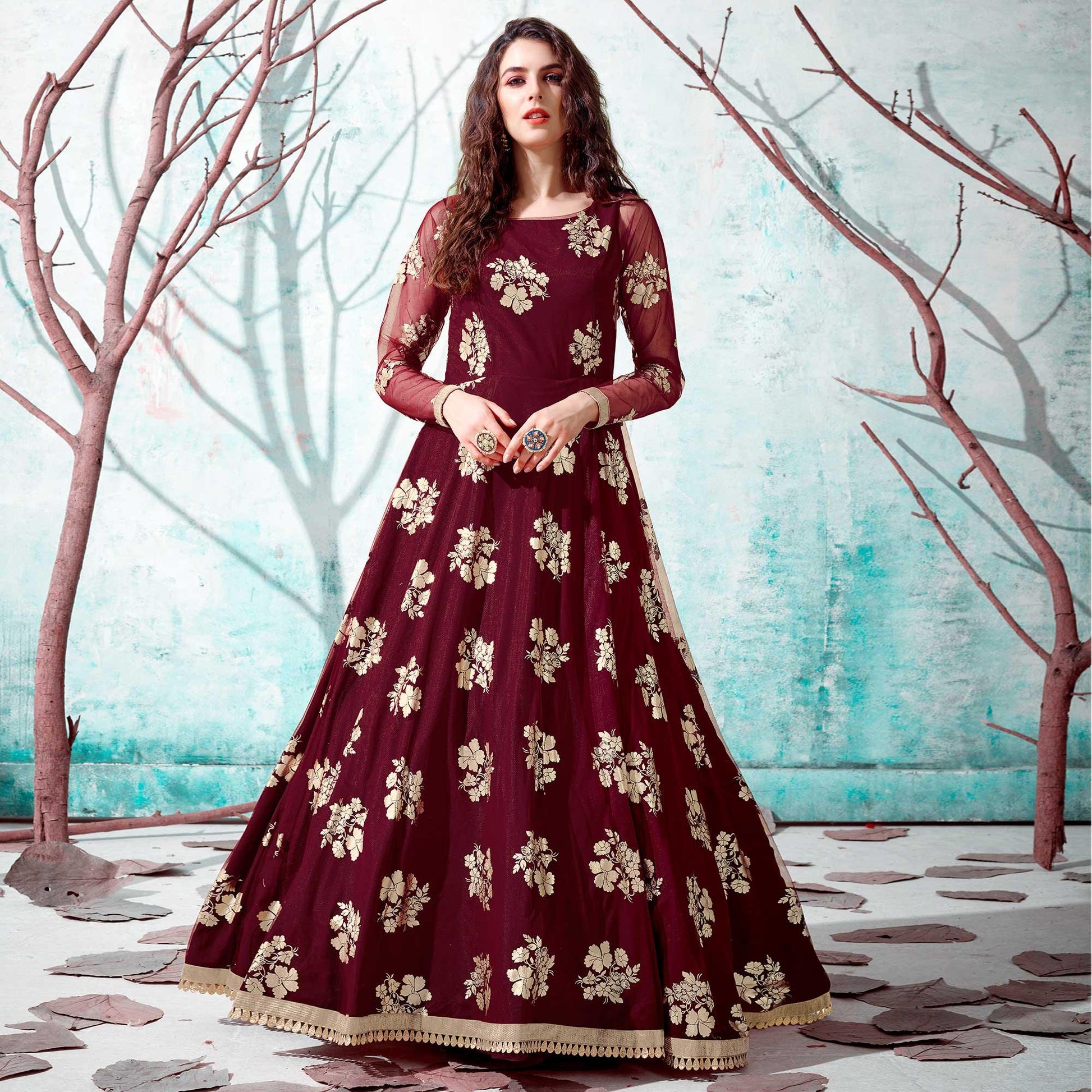 Maroon Foil Printed Netted Gown