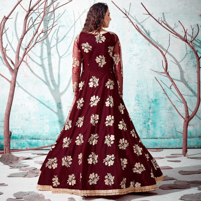 Maroon Foil Printed Netted Gown
