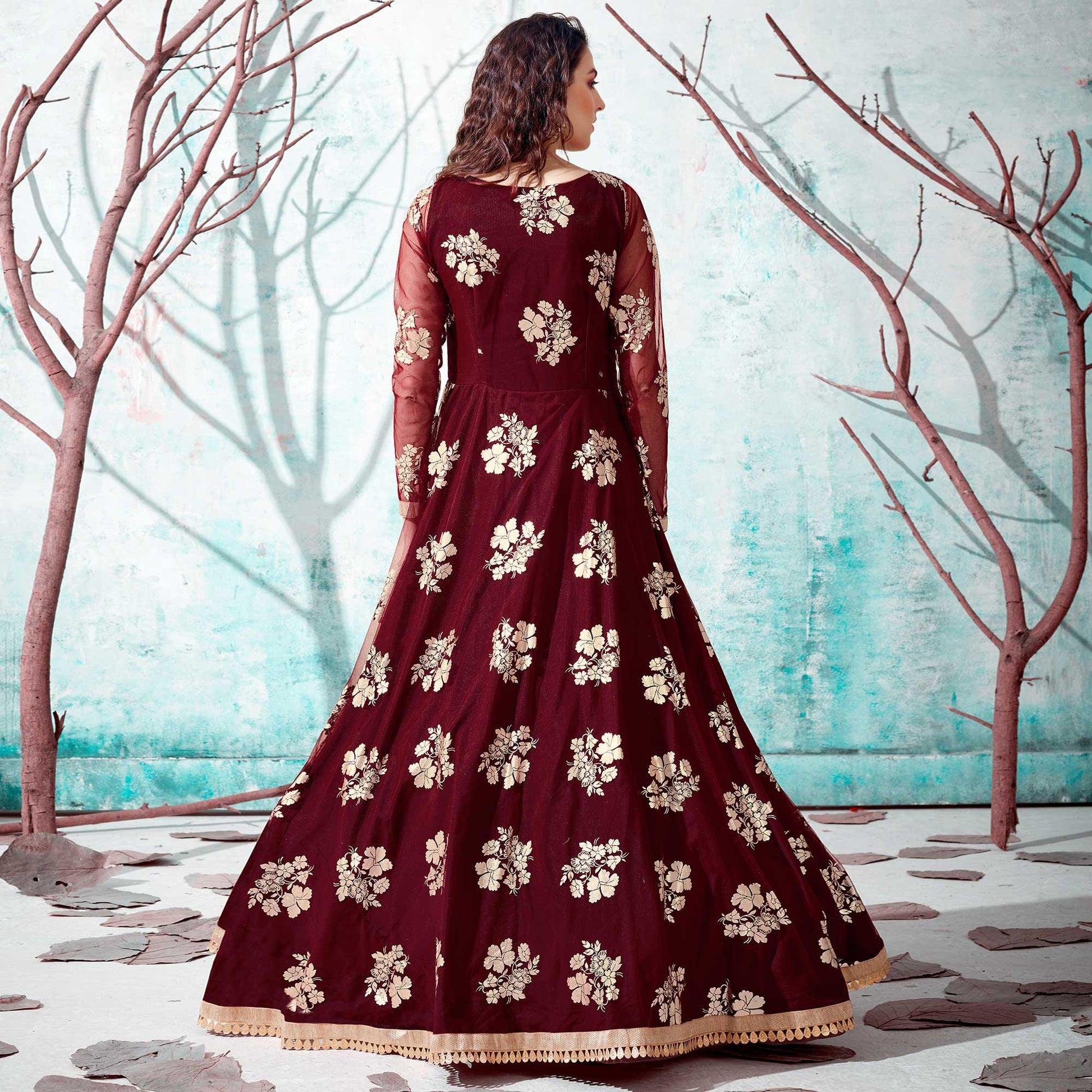 Maroon Foil Printed Netted Gown