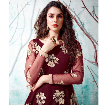 Maroon Foil Printed Netted Gown