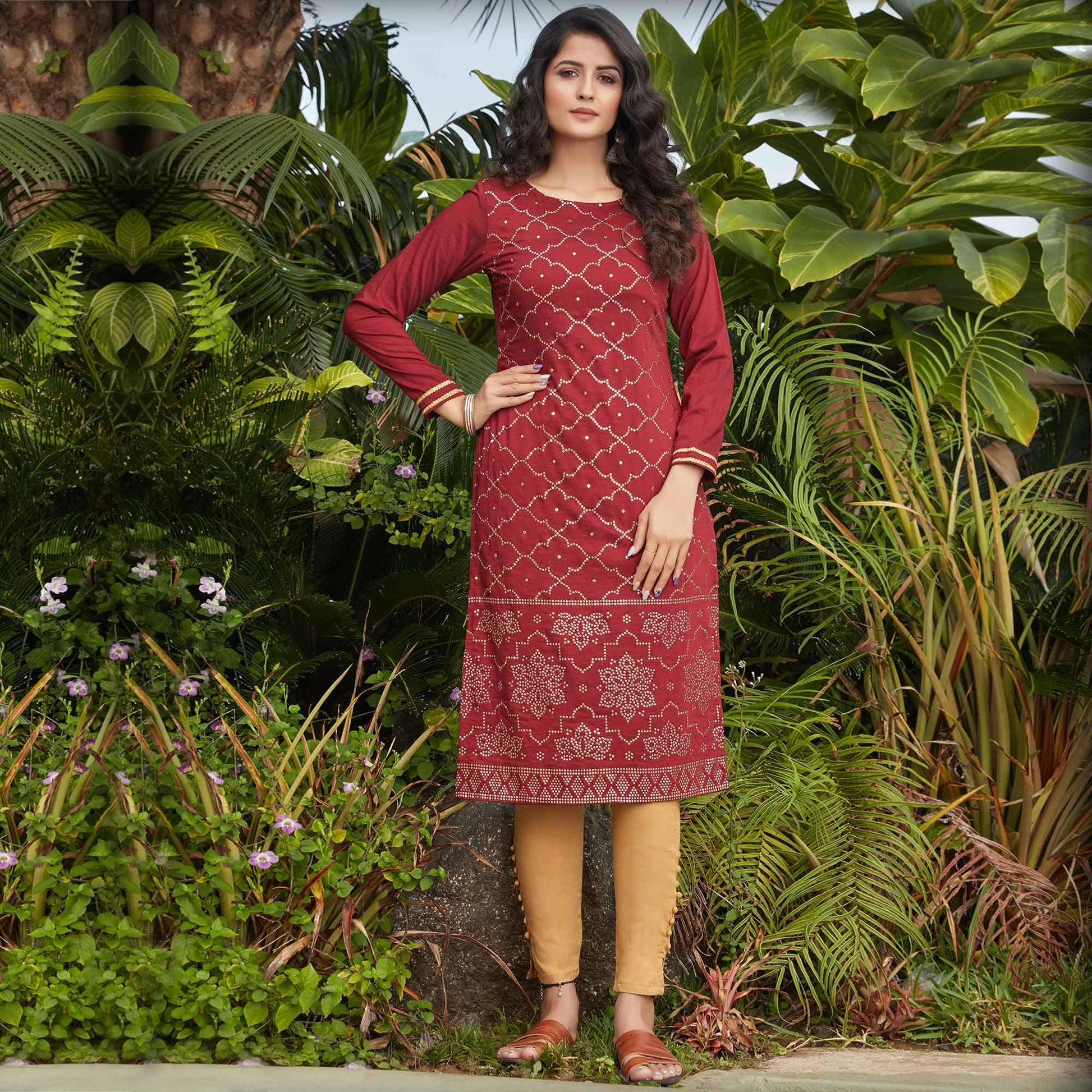 Maroon Foil Printed Pure Cotton Kurti