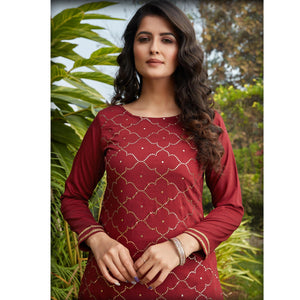 Maroon Foil Printed Pure Cotton Kurti