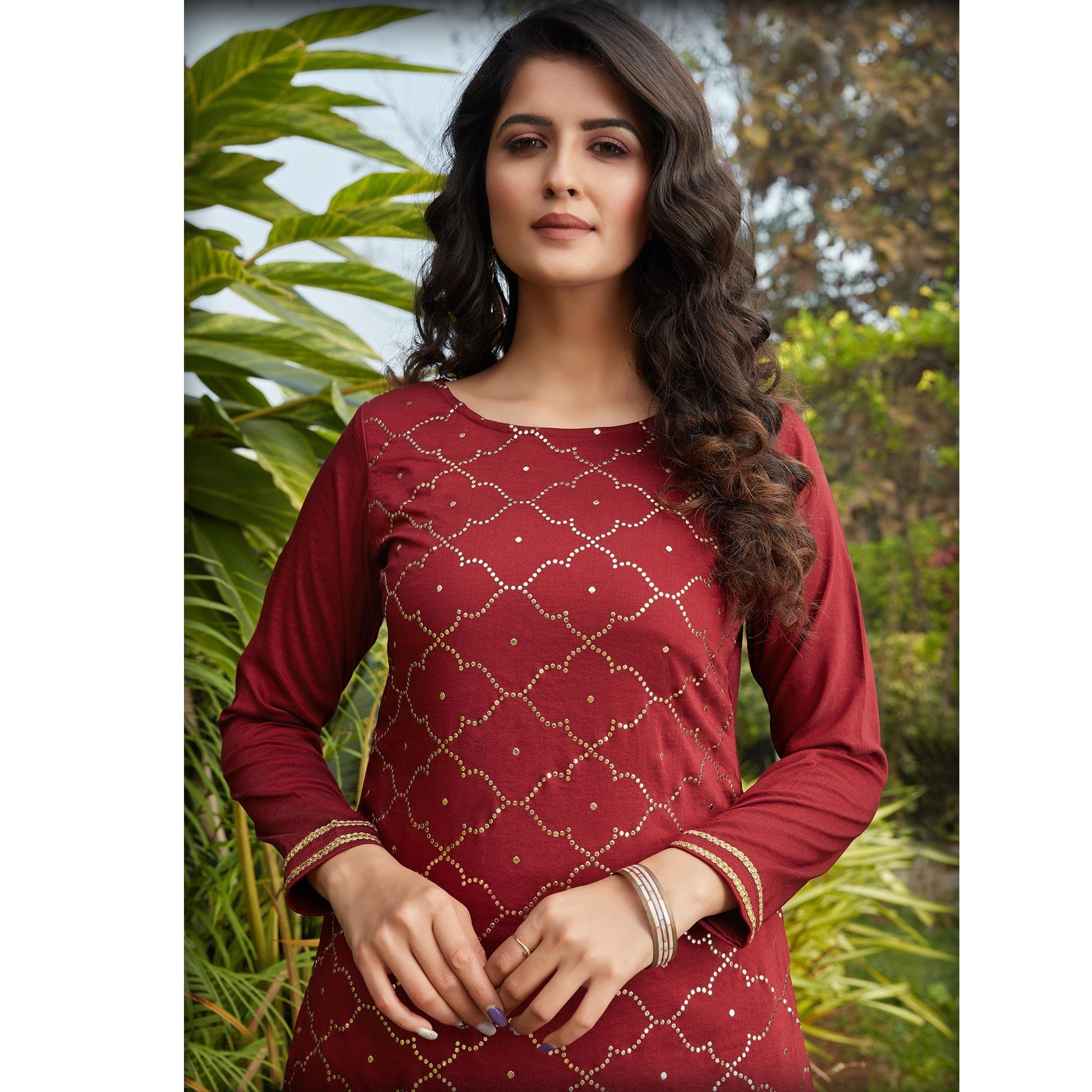 Maroon Foil Printed Pure Cotton Kurti