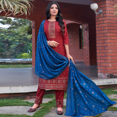 Maroon Foil Printed With Embroidered Rayon Kurti Pant Set With Dupatta