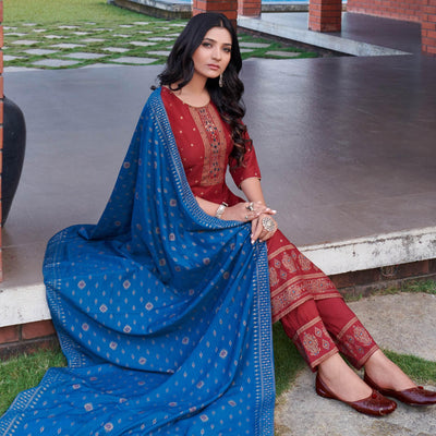 Maroon Foil Printed With Embroidered Rayon Kurti Pant Set With Dupatta