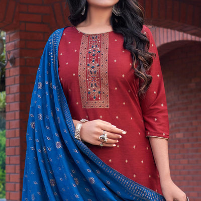 Maroon Foil Printed With Embroidered Rayon Kurti Pant Set With Dupatta