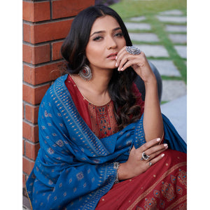Maroon Foil Printed With Embroidered Rayon Kurti Pant Set With Dupatta