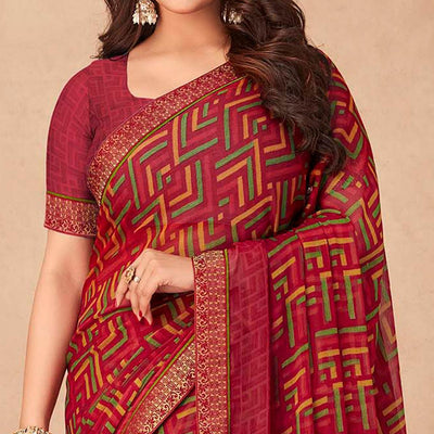 Maroon Geometric Printed Chiffon Saree