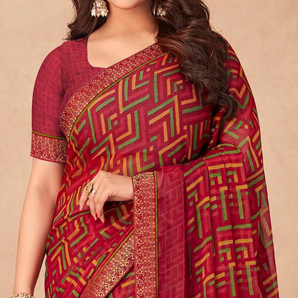 Maroon Geometric Printed Chiffon Saree