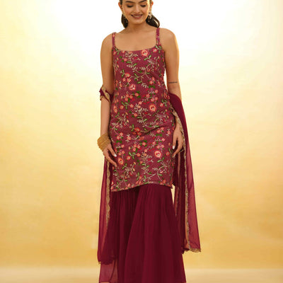 Maroon Georgette Suit with Embroidery and Shantoon Bottom
