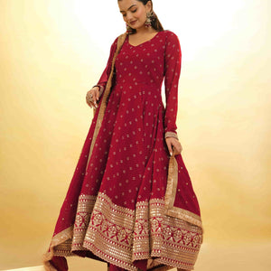 Maroon Georgette Suit with Embroidery and Shantoon Bottom