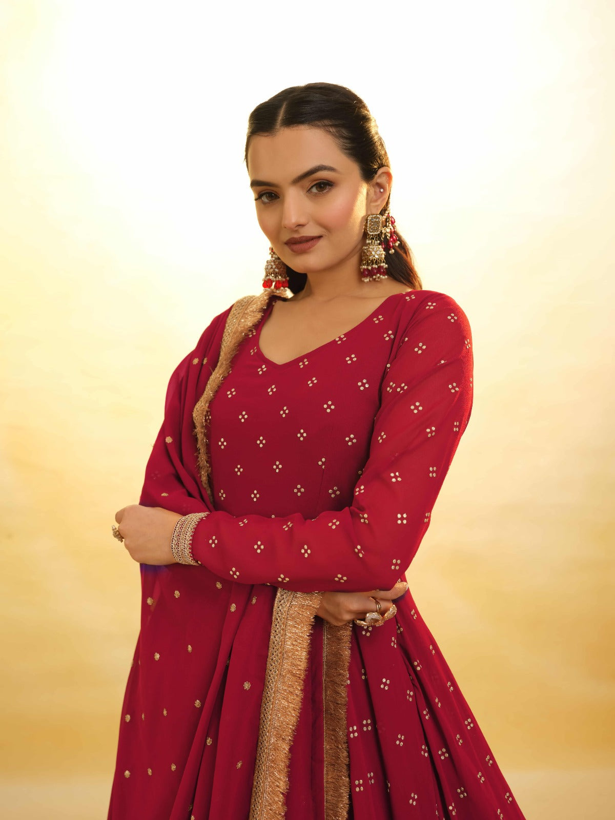 Maroon Georgette Suit with Embroidery and Shantoon Bottom
