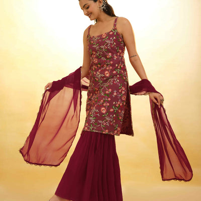 Maroon Georgette Suit with Embroidery and Shantoon Bottom