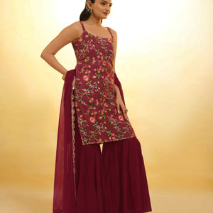 Maroon Georgette Suit with Embroidery and Shantoon Bottom