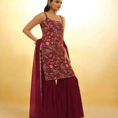 Maroon Georgette Suit with Embroidery and Shantoon Bottom