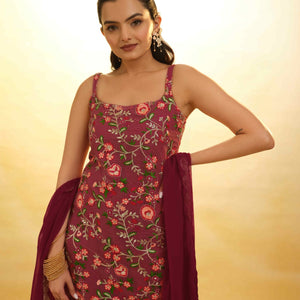 Maroon Georgette Suit with Embroidery and Shantoon Bottom