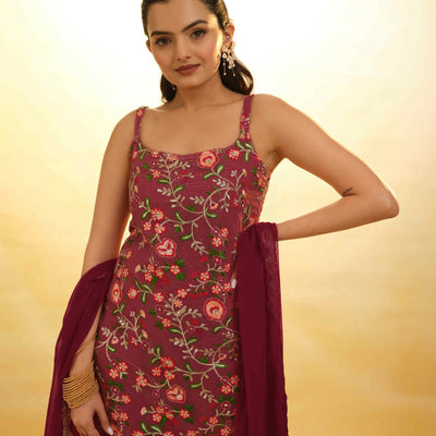 Maroon Georgette Suit with Embroidery and Shantoon Bottom