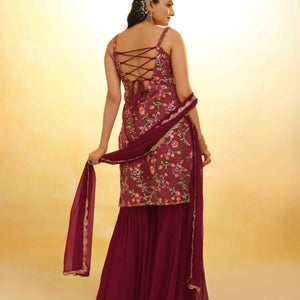 Maroon Georgette Suit with Embroidery and Shantoon Bottom