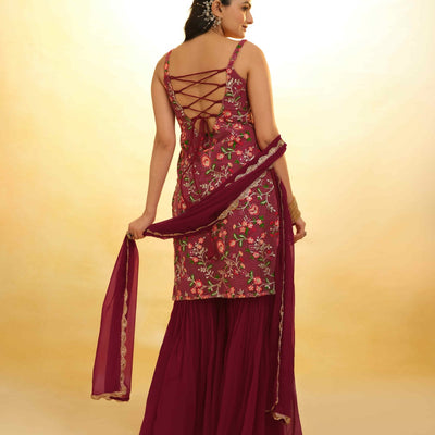 Maroon Georgette Suit with Embroidery and Shantoon Bottom
