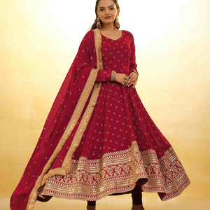 Maroon Georgette Suit with Embroidery and Shantoon Bottom