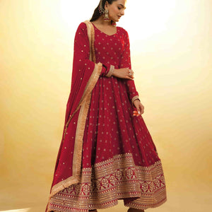 Maroon Georgette Suit with Embroidery and Shantoon Bottom