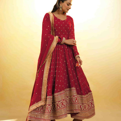 Maroon Georgette Suit with Embroidery and Shantoon Bottom
