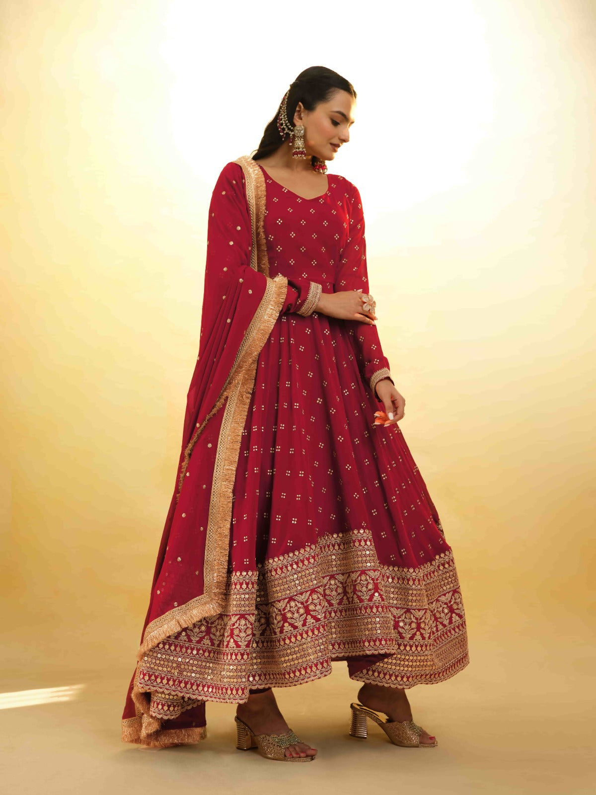 Maroon Georgette Suit with Embroidery and Shantoon Bottom