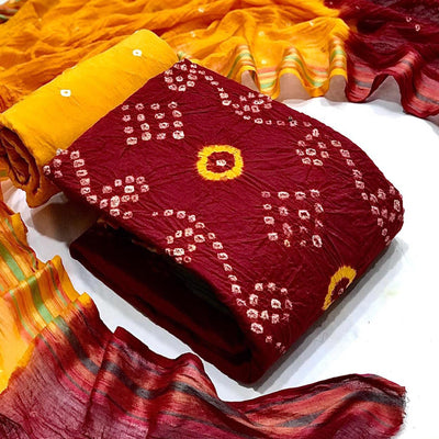 Maroon Hand Bandhani Printed Pure Cotton Dress Material