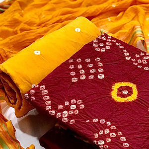 Maroon Hand Bandhani Printed Pure Cotton Dress Material