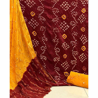Maroon Hand Bandhani Printed Pure Cotton Dress Material