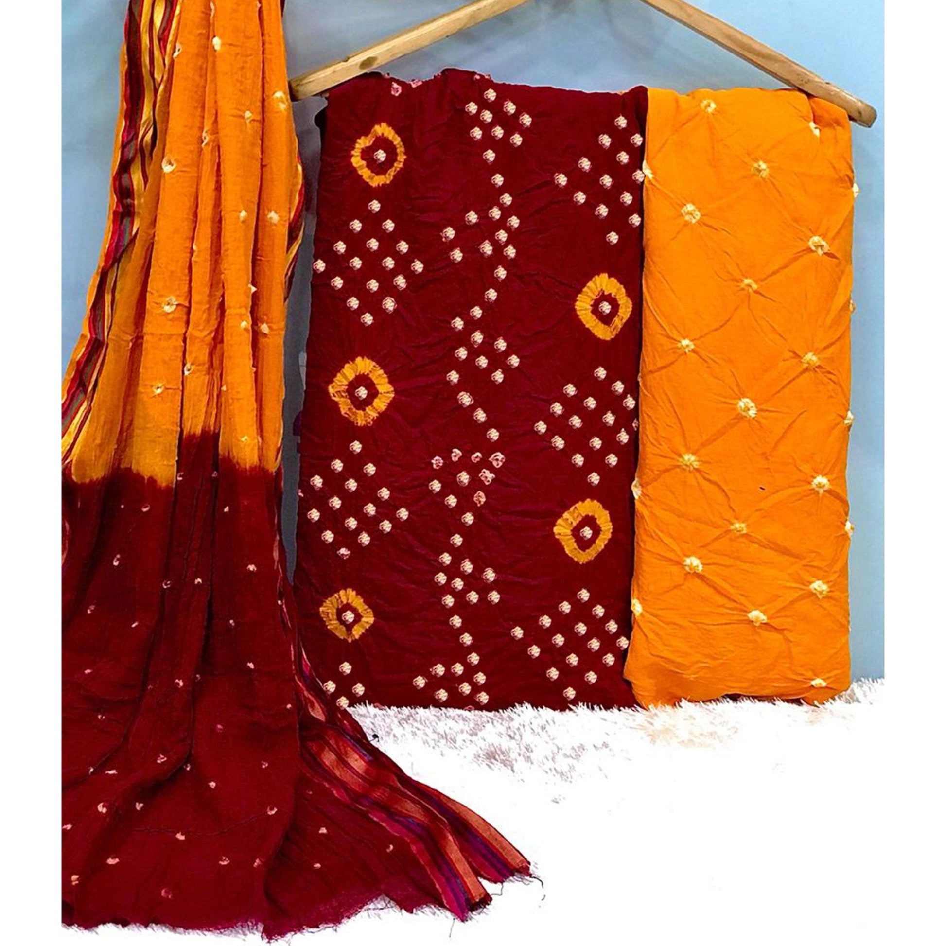 Maroon Hand Bandhani Printed Pure Cotton Dress Material