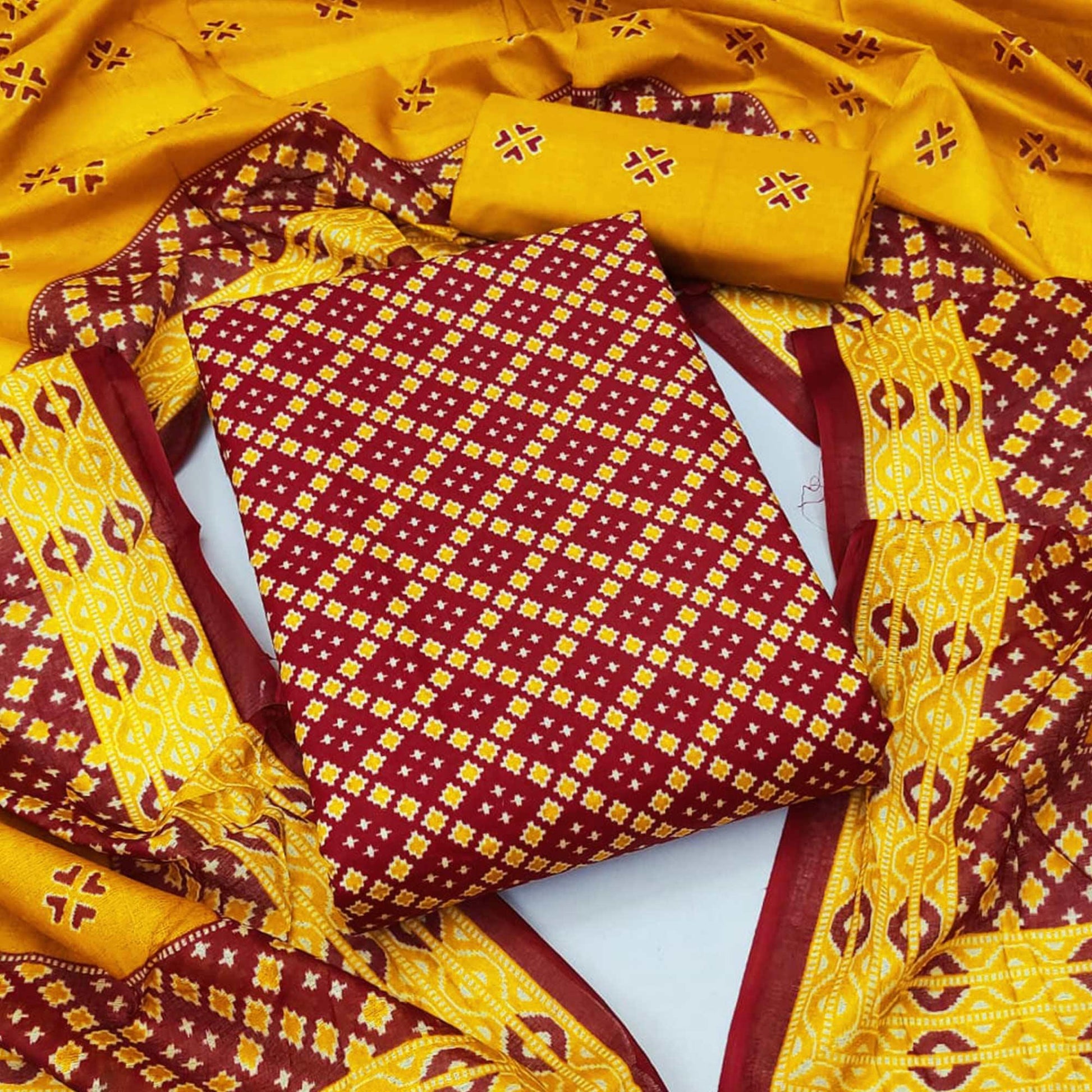 Maroon Ikkat Printed Pure Cotton Dress Material
