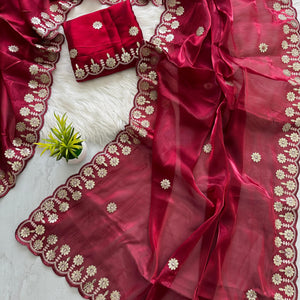 Maroon Jimmy Choo Saree with Beautiful Jaipuri Gota Work – Complete with Matching Running Blouse