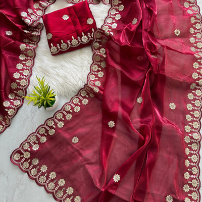 Maroon Jimmy Choo Saree with Beautiful Jaipuri Gota Work – Complete with Matching Running Blouse