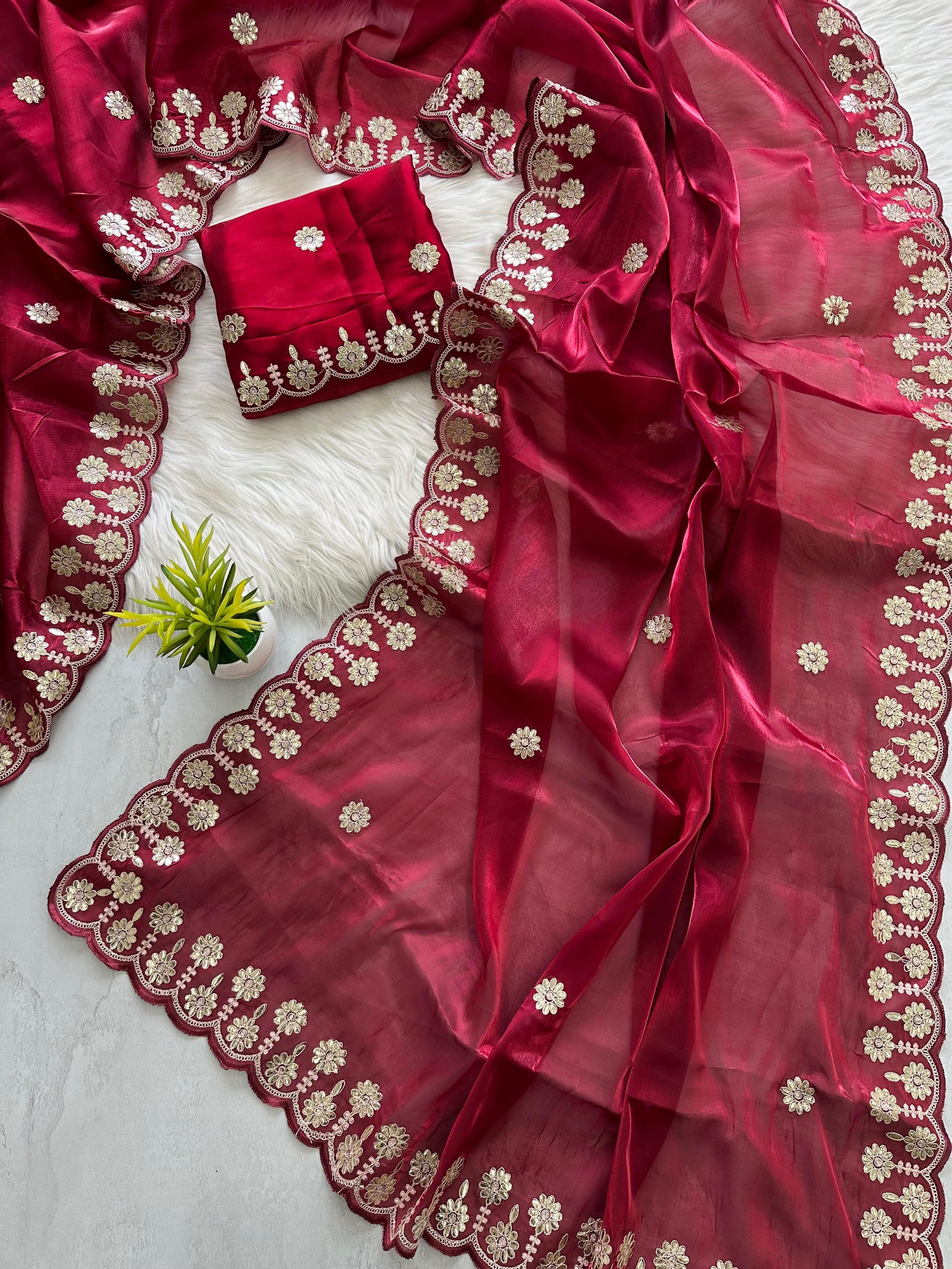 Maroon Jimmy Choo Saree with Beautiful Jaipuri Gota Work – Complete with Matching Running Blouse