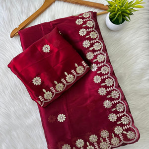Maroon Jimmy Choo Saree with Beautiful Jaipuri Gota Work – Complete with Matching Running Blouse