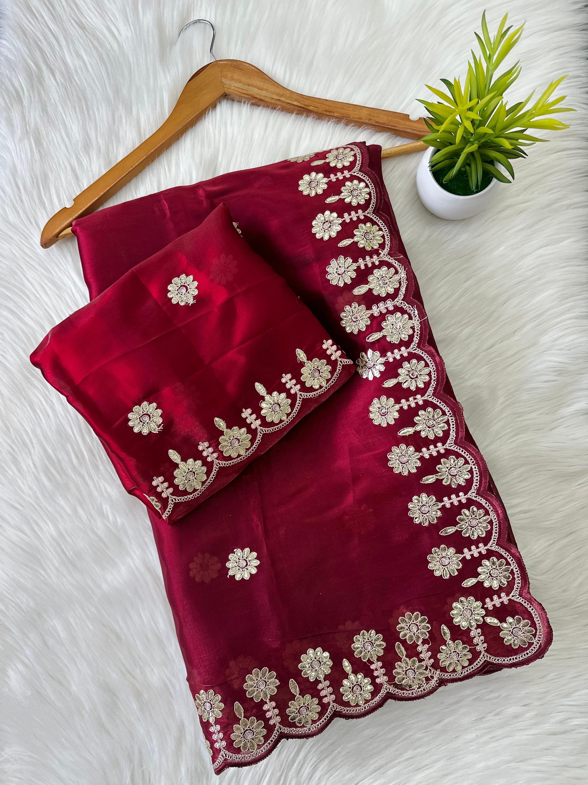 Maroon Jimmy Choo Saree with Beautiful Jaipuri Gota Work – Complete with Matching Running Blouse