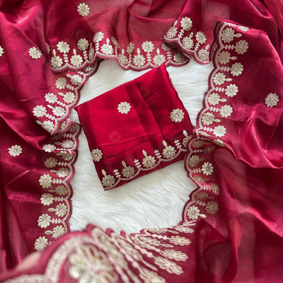 Maroon Jimmy Choo Saree with Beautiful Jaipuri Gota Work – Complete with Matching Running Blouse