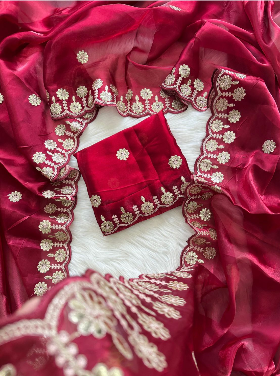 Maroon Jimmy Choo Saree with Beautiful Jaipuri Gota Work – Complete with Matching Running Blouse