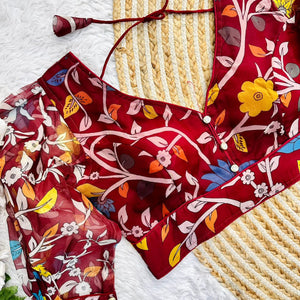 Maroon Kalamkari Print Rajbhog Organza Blouse with Elegant Buttons