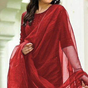 Maroon Lucknowi Chikankari Work Rayon Kurti Pant Set With Dupatta