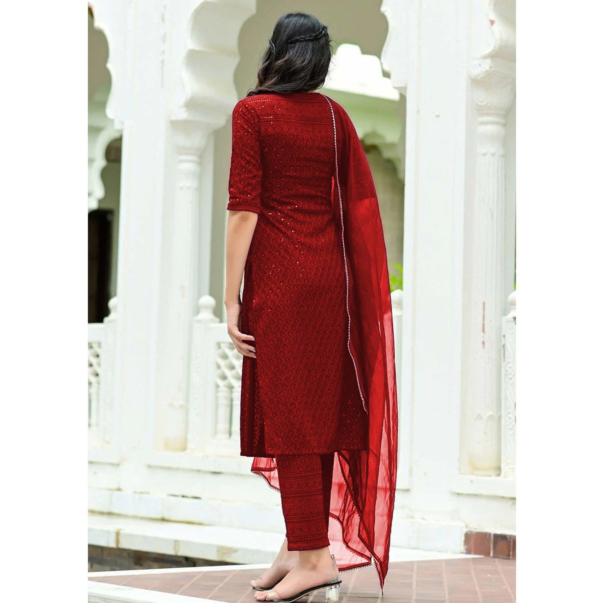 Maroon Lucknowi Chikankari Work Rayon Kurti Pant Set With Dupatta