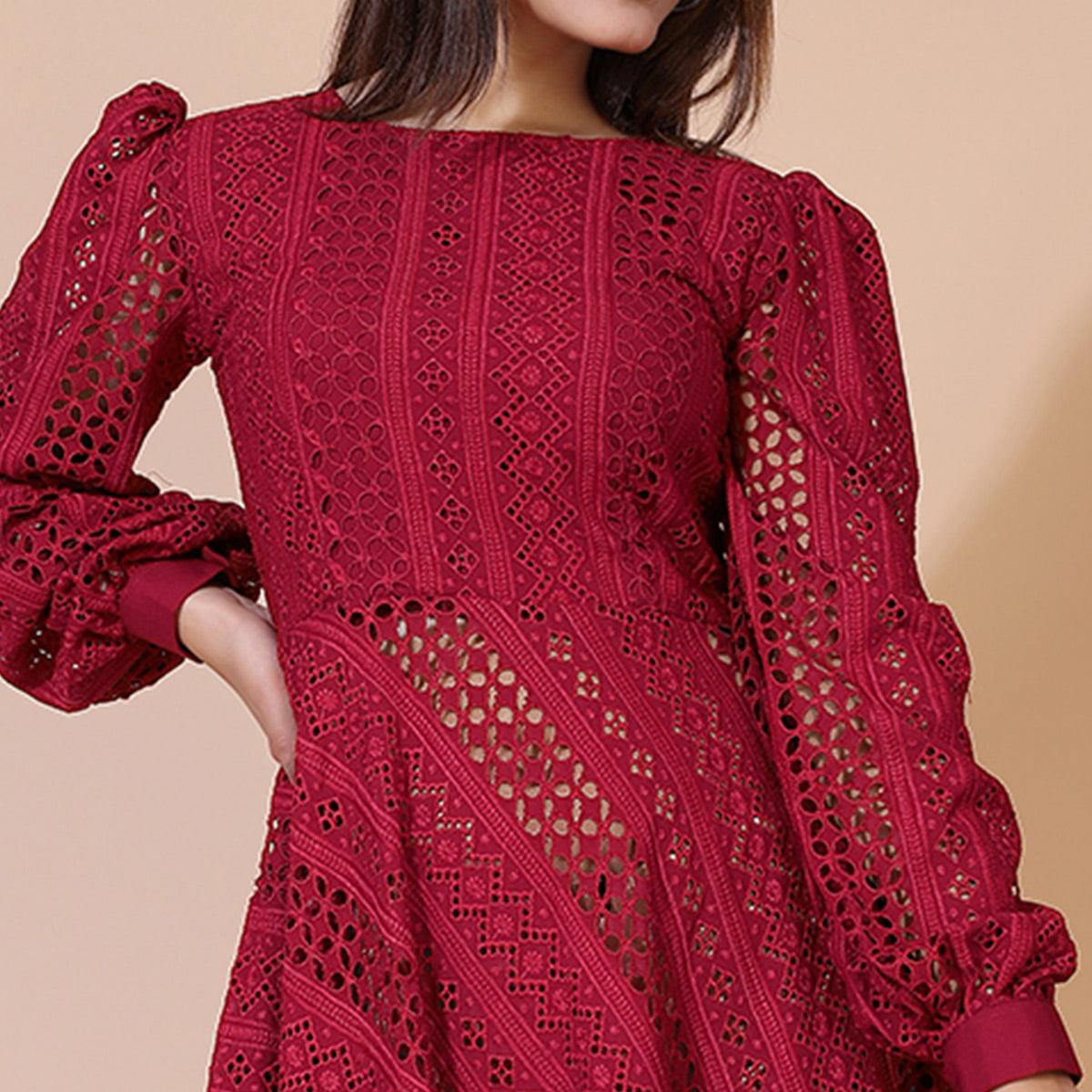 Maroon Lucknowi Chikankari Work Rayon Western Dress