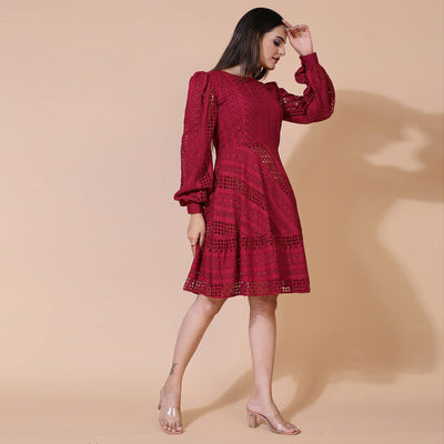 Maroon Lucknowi Chikankari Work Rayon Western Dress