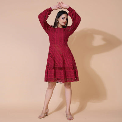 Maroon Lucknowi Chikankari Work Rayon Western Dress